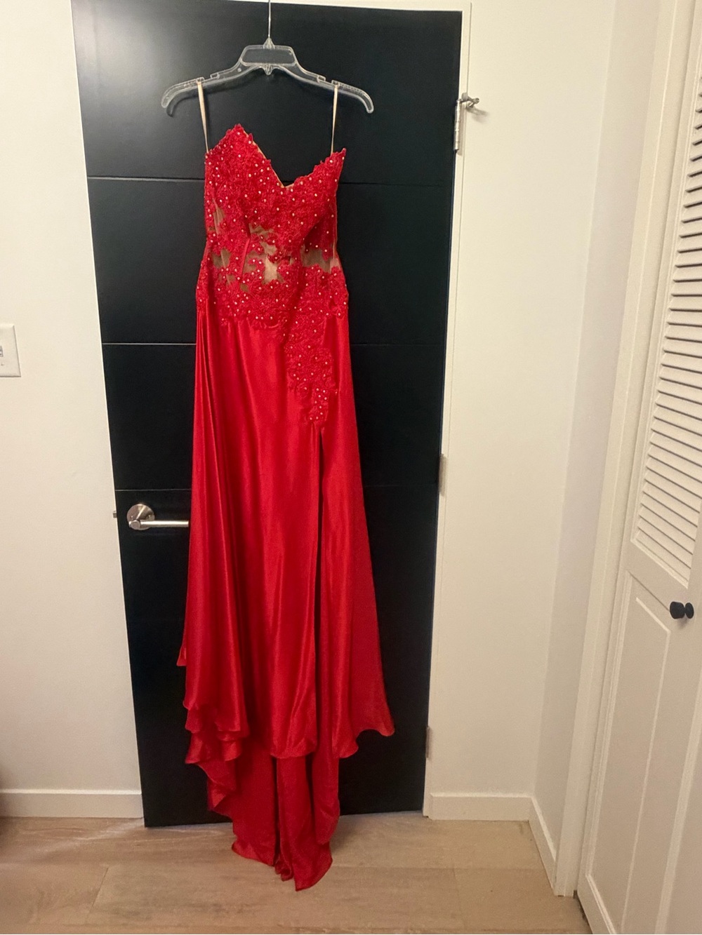 Red Beaded Evening Gown with Sheer Bodice